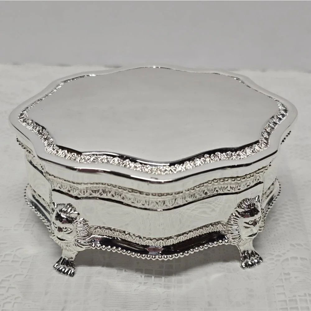 Silver Chrome Lion Heads Footed Non Tarnish Jewelry Trinket Box Victorian Style